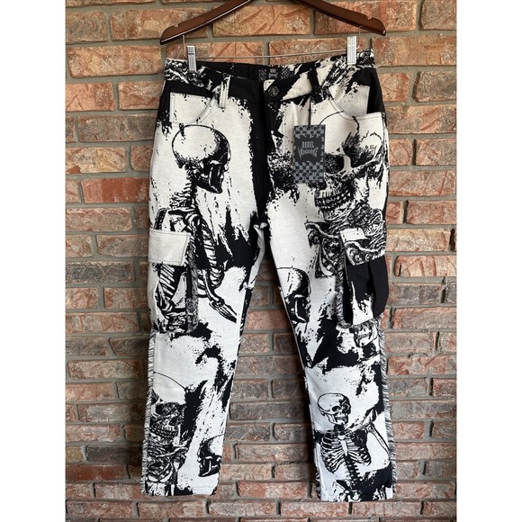 Rebel Vengeance Skeleton Pants Mens 32 Graphic Cargo Goth Y2K Streetwear - Picture 1 of 4